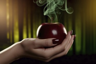 A woman's hand with dark red painted nails holds a dark red apple with green smoke rising from it.