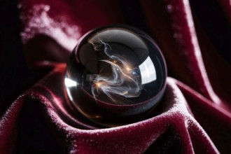 Dark crystal ball resting on velvet fabric. A mystical symbol of witchcraft, fortune telling, and