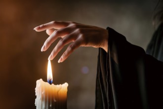 Hand above flickering candle flame. A moment of witchcraft, mystery, and feminine power. Generative