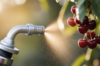 Close-up of pesticide sprayer aimed at ripe cherries on tree. Concept of farming practices,