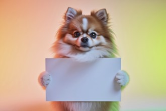 Cute pomeranian dog holding blank white sign against pastel studio background. Charming pet with