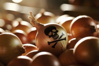 Painted skull on onion highlights hidden dangers in everyday food, generative ai, AI generated
