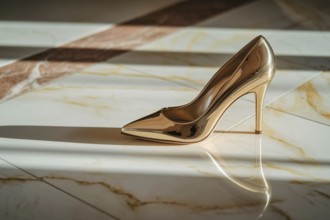 Elegant high heel with golden sole on marble floor. A luxurious composition of fashion and refined