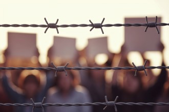 Barbed wire fence with blurred protesters in background. A haunting depiction of resistance at