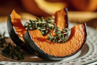 Roasted pumpkin slices with thyme. A warm and appetizing display of seasonal plant-based cuisine.