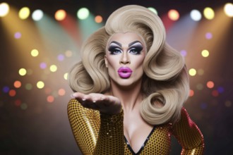 Drag queen blowing a kiss under nightclub lights. A glamorous portrait of self-expression and pride