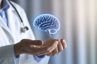 Doctor holding glowing virtual brain in modern medical office. Generative Ai, AI generated