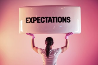 Woman straining under block labeled expectations with pink gloves, symbolizing gender stereotypes