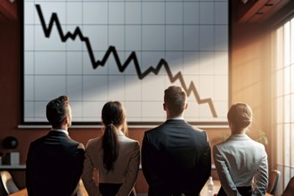 Back view of business people looking at graph with stock market crash. Concept of financial loss,