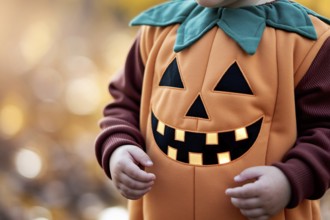 Close up Jack-o'-lantern face on child's pumpkin costume. Concept of Halloween detail, seasonal