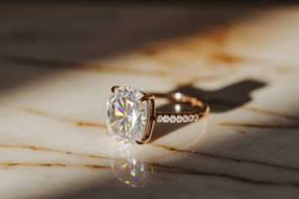 Close-up of diamond ring on polished marble surface with warm light and shimmering brilliance.