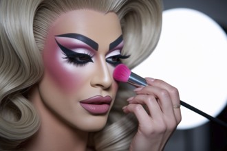 A drag queen applying vibrant pink blush in warm studio light, highlighting flawless skin and