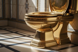 Open golden toilet bowl with filigree detail on marbled floor in warm ambient light. Concept for
