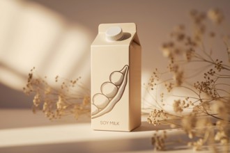 Minimalist soy milk carton with hand-drawn soybean pod design in soft morning sunlight on warm