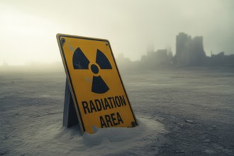 Radiation warning sign in scorched earth. Symbol danger of nuclear war and environmental decay.