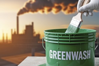 Greenwahsing concpet. Gloved hand stirs greenwash paint in front of smoking factory background.