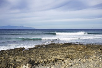 Rocky coastline with gentle waves under a blue sky, Tenerife, Canary Islands