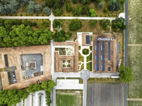 Top Down view over Chateau d'Armailhac Vineyard and grape fields around Pauillac and Gironde