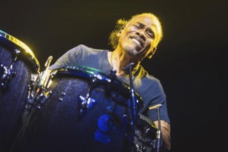 Paoli Mejías, percussionist of Santana live on Oneness Tour 2025 at the Uber Arena in Berlin on 13