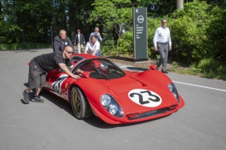 Grosse Pointe Shores, Michigan - The 1965 Ferrari P4 RCR was pushed into place for the media