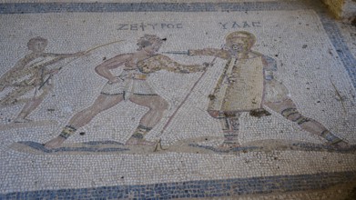 Ancient mosaic with fighting figures, depicting classical dress and movements, Gladiatorial combat,