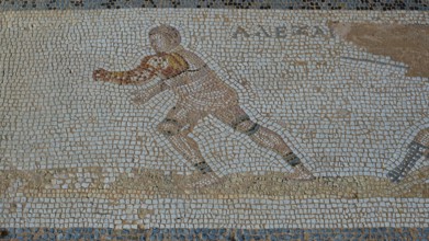 Ancient mosaic of a running man in Greek style, Archaeological Site, Western Excavation, Kos Town,