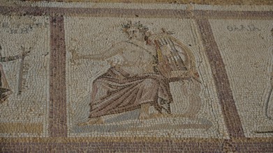 Ancient mosaic of a seated figure with lute, mythological impression, Archaeological Site, Western