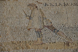 Ancient mosaic of a man with a sword in his hand, Archaeological Site, Western Excavation, Kos