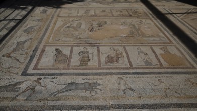 Overview of an ancient mosaic with several figurative and scenic depictions, Archaeological Site,