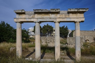 Ruins with three standing ancient columns and building remains in the background, Archaeological