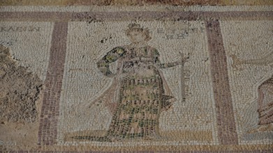 Ancient mosaic of a standing figure in a robe, partially damaged, Archaeological Site, Western