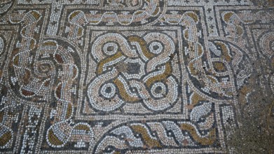 Close-up of an ancient mosaic floor with mostly round patterns, Archaeological Site, Western