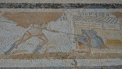 Ancient mosaic showing a warrior fighting an animal, Archaeological Site, Western Excavation, Kos