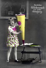 First day at school, 1930, Girl with colourful school bag in front of a blackboard, Historical