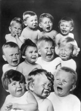 Crying babies, 1930s, Several babies and toddlers crying and showing unhappy faces, Historical
