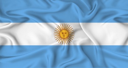 Realistic Argentina flag waving. Close up of flag of Argentina with cloth texture