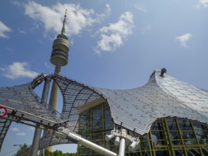 Roof construction of indoor swimming pool, Olympic Tower, Olympic Park, Munich, Bavaria, Germany