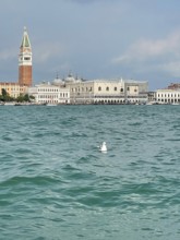View over the lagoon to Venice with St Mark's Tower, lagoon city of Venice, Veneto, Italy