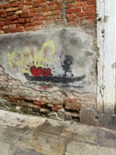 Wall painting shows a gondola with two hearts, theme love, lagoon city Venice, Veneto, Italy