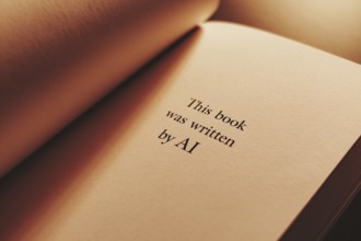 Close up of first page of a novel book with text saying 'This book was written by AI'. Generative