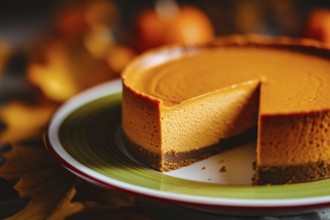 Pumpkin cheesecake with piece taken out on autumn plate with rust-colored leaves and warm cozy