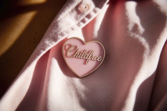 Pink childfree brooch on cotton shirt symbolizes women's freedom and the choice to live without