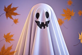 Child dressed as cute smiling ghost under a white bedsheet with floating autumn leaves, capturing