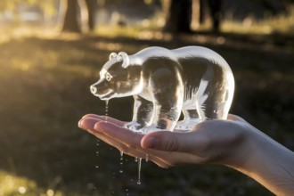 Melting ice bear held in human hand symbolizes climate change and global warming impact on wildlife