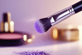 Makeup brush with shimmering purple eyeshadow. A luxurious display of beauty, elegance, and