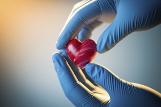 Gloved hands holding a miniature heart. A symbol of medical care, compassion, and emotional