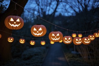Glowing Halloween pumpkin lantern garland at night. Generative ai, AI generated