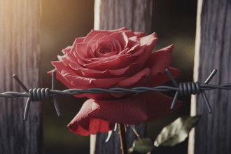 Red rose wrapped in barbed wire. A striking contrast between beauty and pain. Generative ai, AI