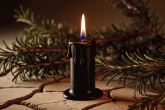 Black candle burning on cracked stone with rosemary. A symbol of witchcraft, ritual, and mysticism.