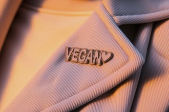 Close-up of pin with text Vegan and heart on pastel cotton jacket. A symbol of ethical living and